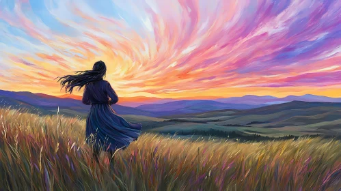 Colorful Sunset Landscape with Woman