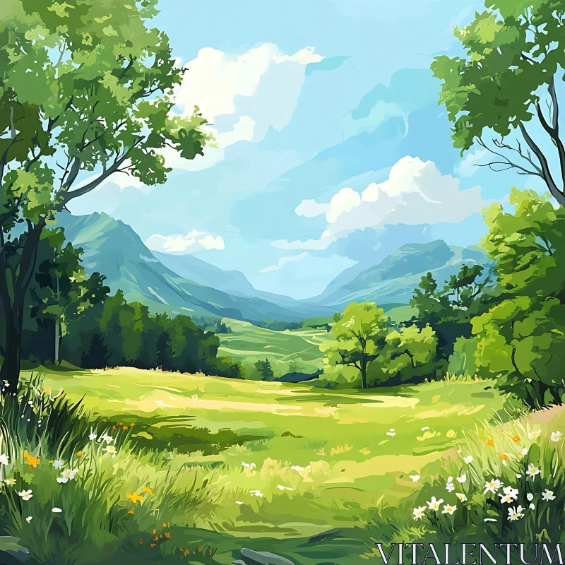 AI ART Scenic View of Green Field and Mountains