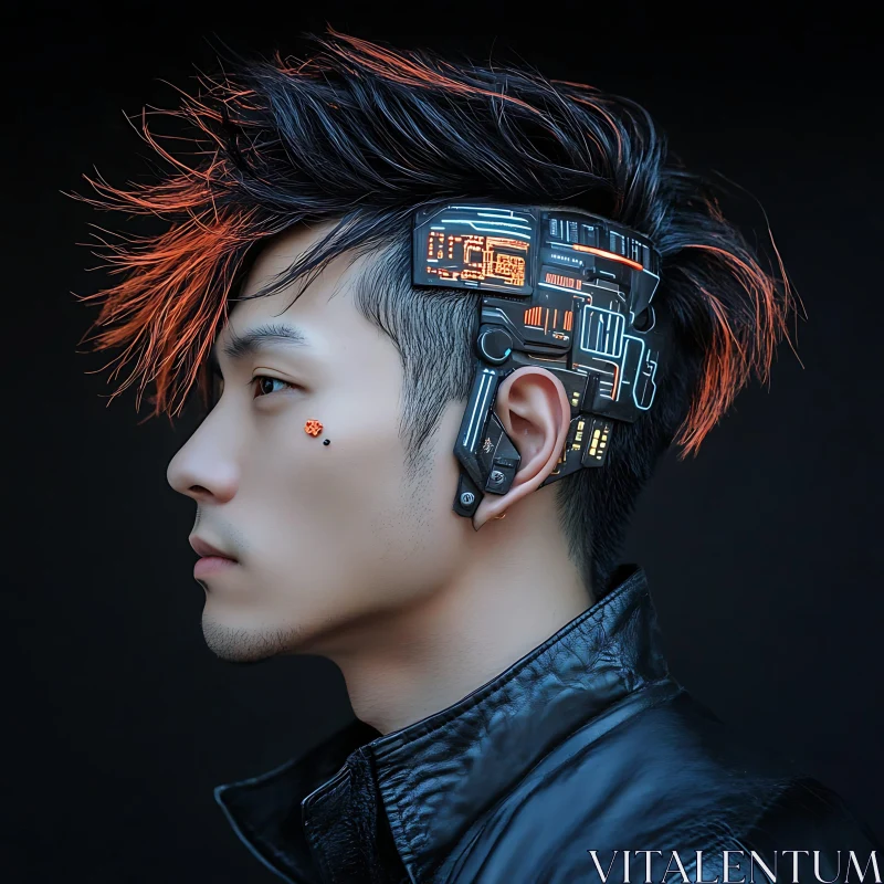 Advanced Cyborg with Orange-Highlighted Hair AI Image