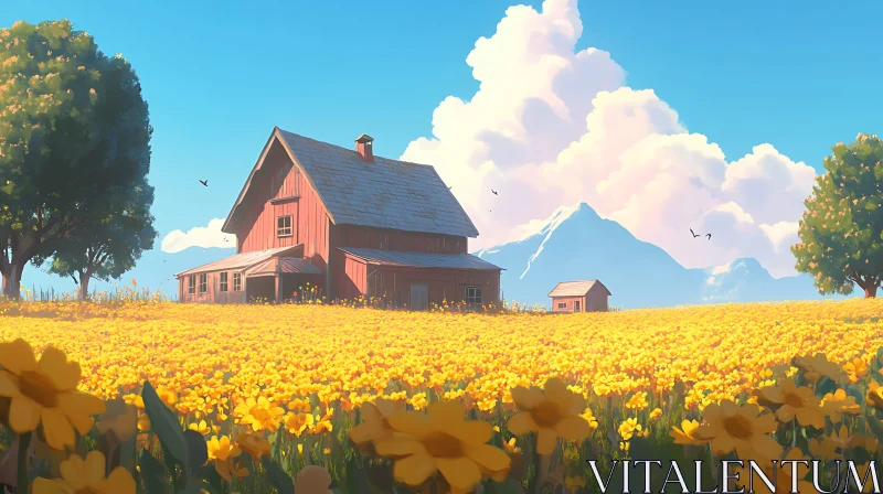 Rural Farmhouse in a Floral Landscape AI Image