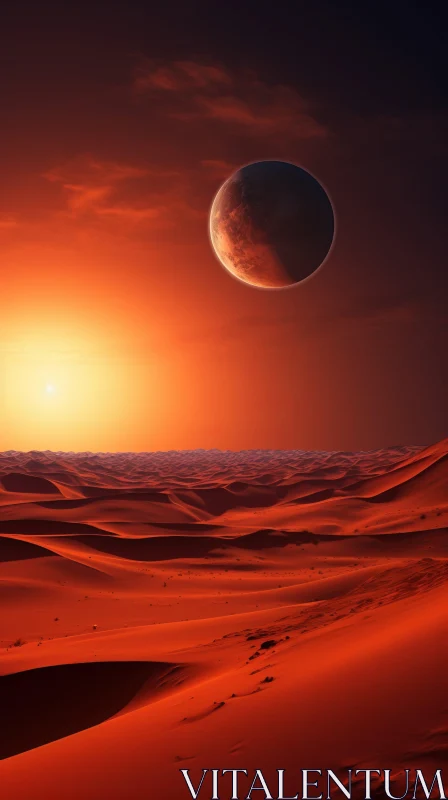 Enigmatic Landscape: Red Sand Desert with Moon and Planet AI Image