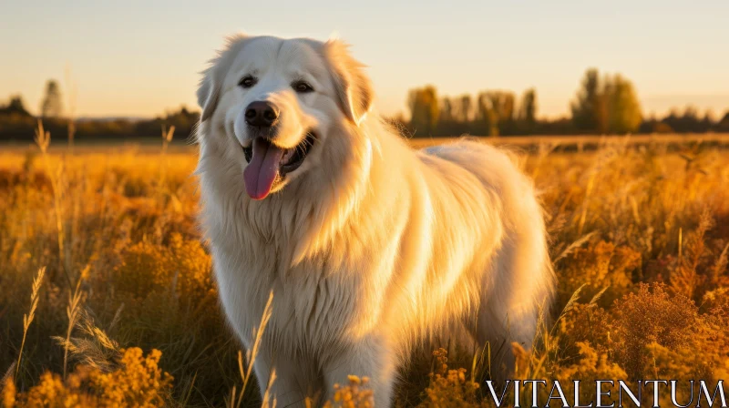 Sunset Portrait of a Majestic White Dog in a Field AI Image