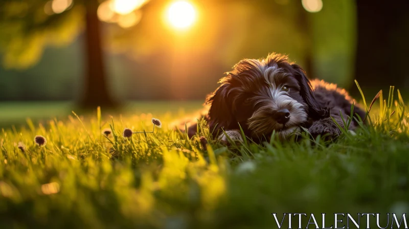 Sunset Serenity: Puppy Resting in Grass AI Image
