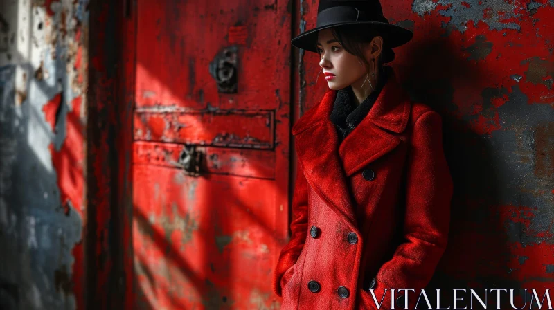 Thoughtful Woman in Red Coat Standing in Front of Weathered Red Door AI Image