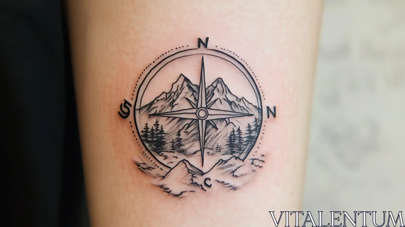 Compass Rose and Mountain Tattoo Design AI Image