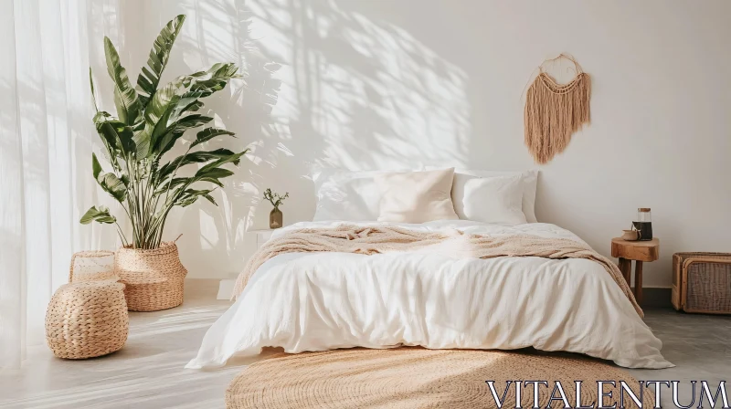 Sunlit Minimalist Bedroom with Plant AI Image