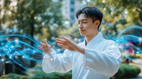 Man Practicing Karate with Blue Energy
