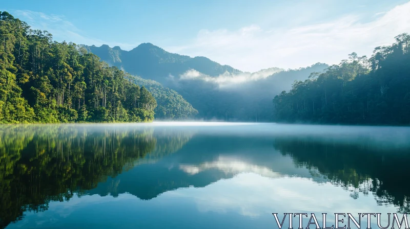 AI ART Tranquil Mountain Lake with Misty Reflections