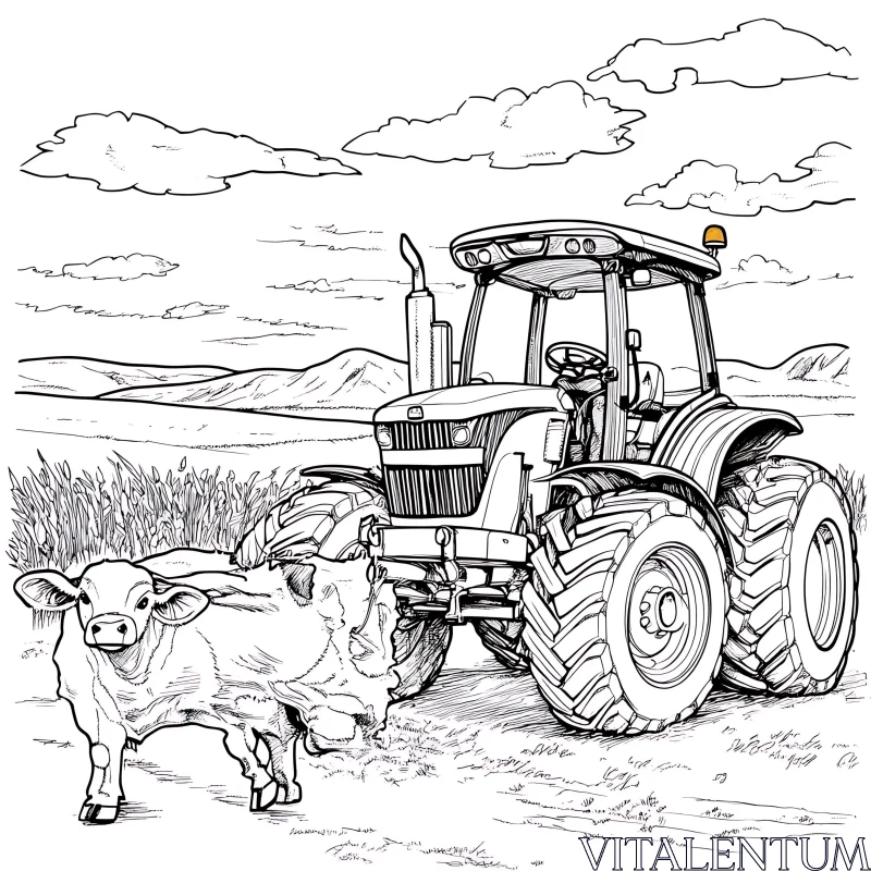 Farm Scene with Cow and Tractor AI Image