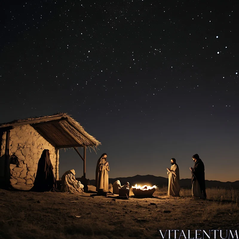 Holy Family by Firelight, Christmas Night AI Image