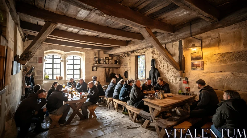 AI ART People at Tables in a Stone Building