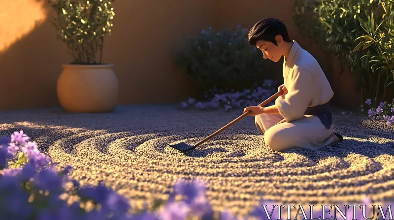 Raking Peace: A Zen Garden Scene AI Image