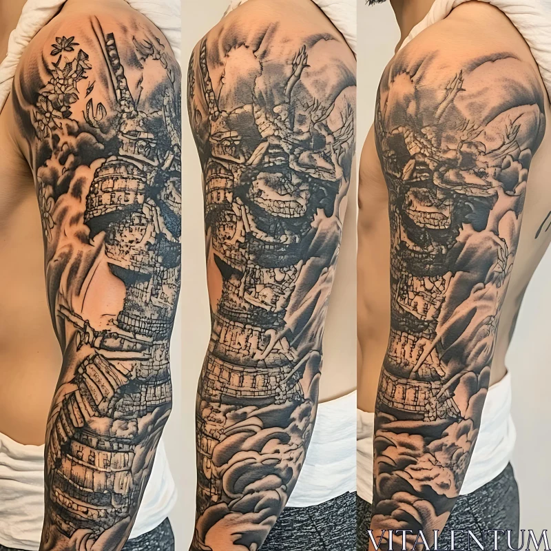 Traditional Blackwork Samurai Arm Tattoo AI Image