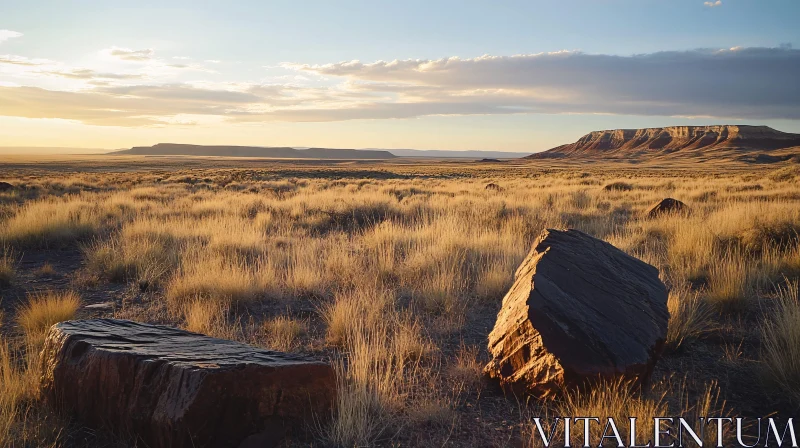 Golden Desert Grassland Sunset with Rocky Foreground AI Image