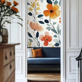 Elegant Floral Design Above Blue Couch