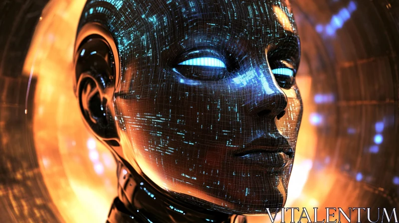 Modern Cyborg with Glowing Eyes and Digital Interface AI Image