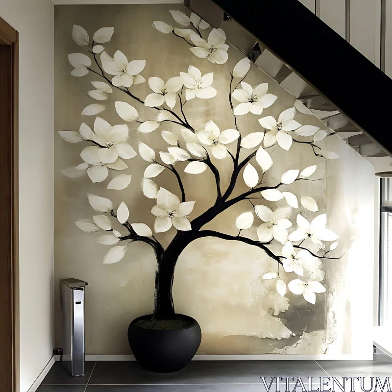 AI ART Modern Interior Design with Tree Wall Painting