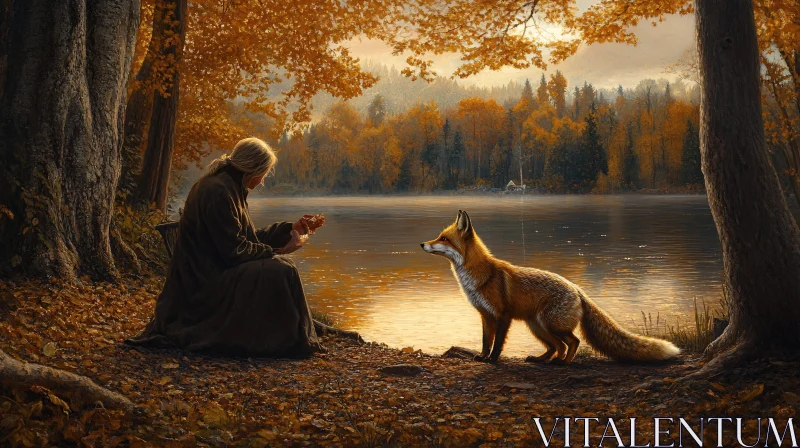 Tranquil Lakeside Scene with Woman and Fox AI Image