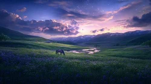 Tranquil Landscape with Horse and Mountains