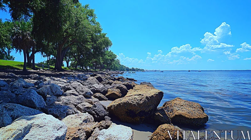 Tranquil Lakeside Scene with Rocky Shore AI Image