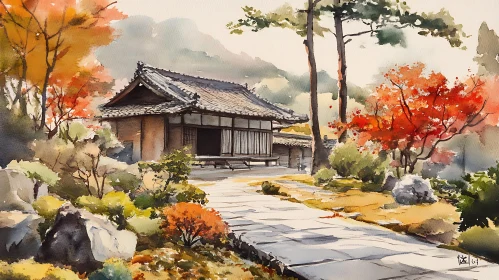 Autumnal Japanese House Watercolor Art