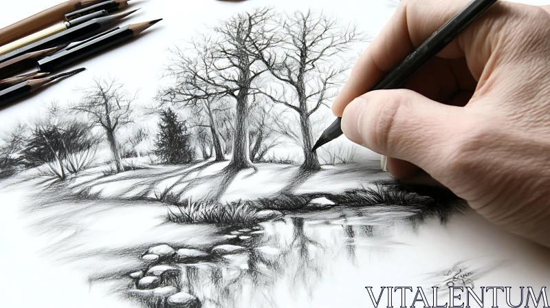 Intricate Pencil Sketch of a Peaceful Wooded Scene AI Image