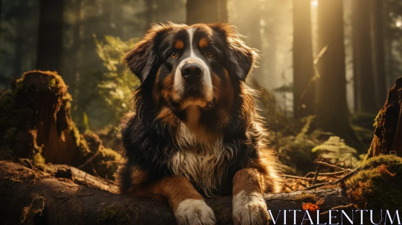 Atmospheric Portraiture of Bernese Mountain Dog in Forest AI Image