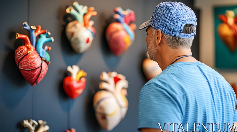 Man Viewing Heart Sculpture Art AI Image