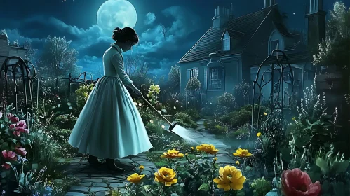 Woman Sweeping in a Floral Garden at Night