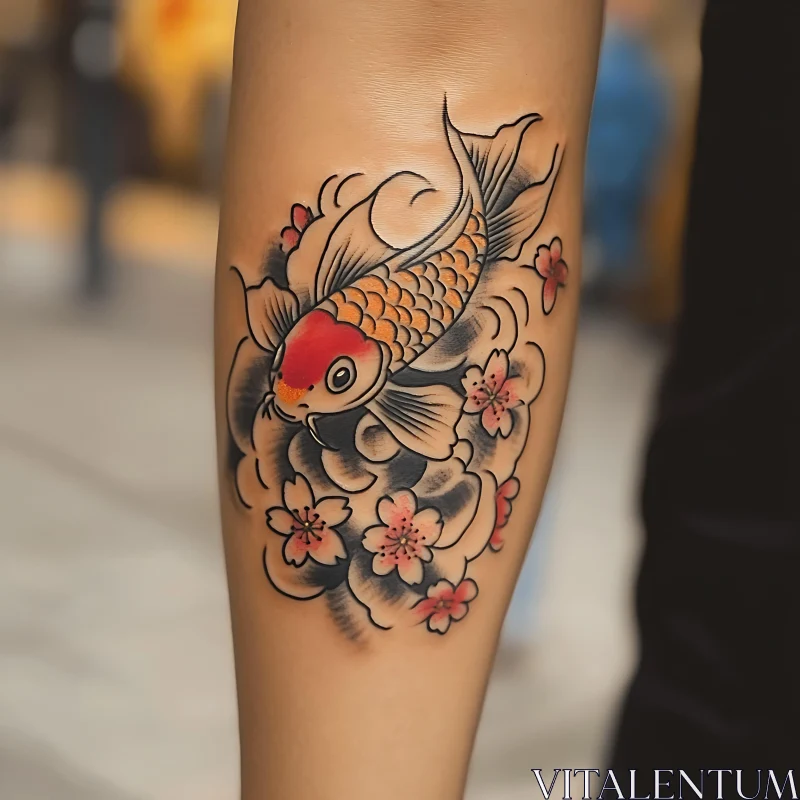 Stunning Arm Tattoo: Koi Fish and Cherry Blossoms AI Image