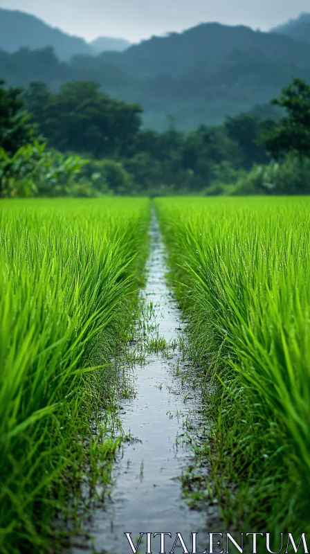 Verdant Rice Field with Water Stream AI Image