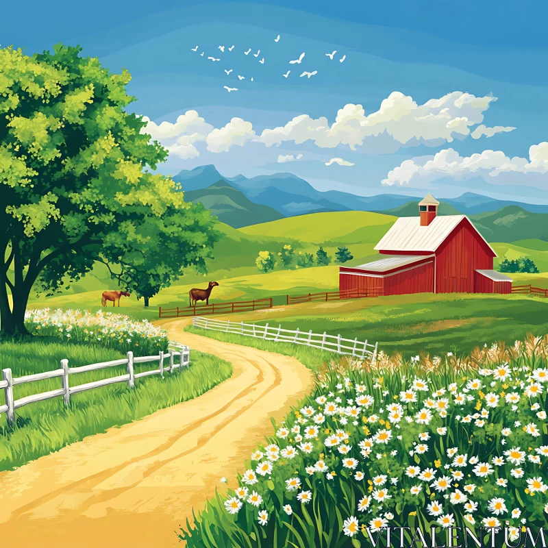 AI ART Rural Farm Scene with Daisies Field