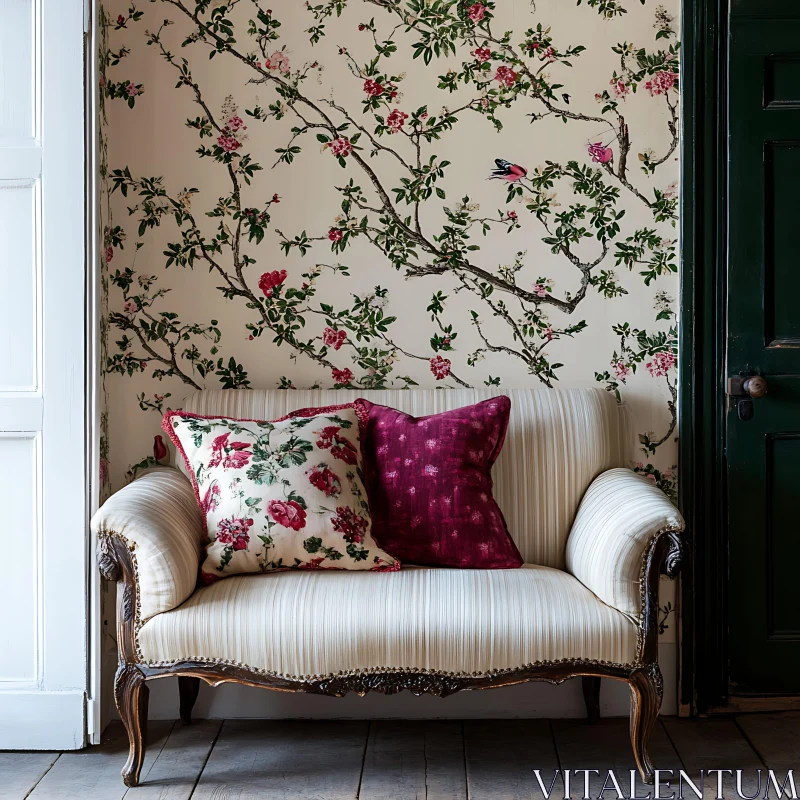 Floral Wallpaper and Vintage Couch Setting AI Image