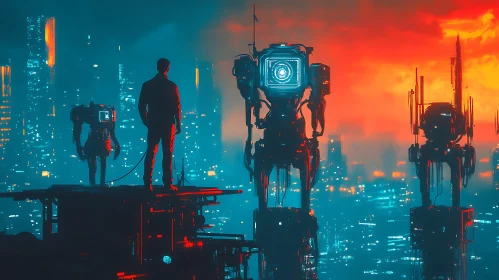 Cyberpunk City with Human and Robots