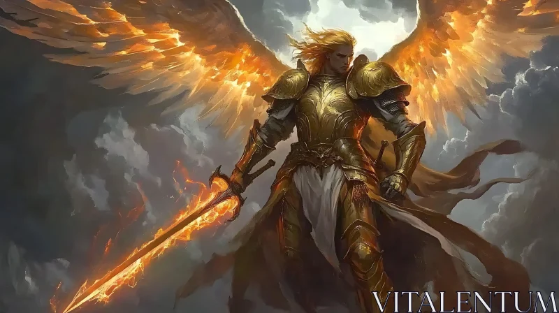 AI ART Golden Angel with Flaming Sword