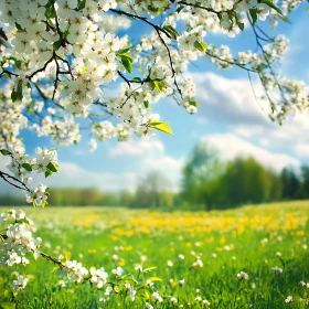 White Blossoms Over Green Field