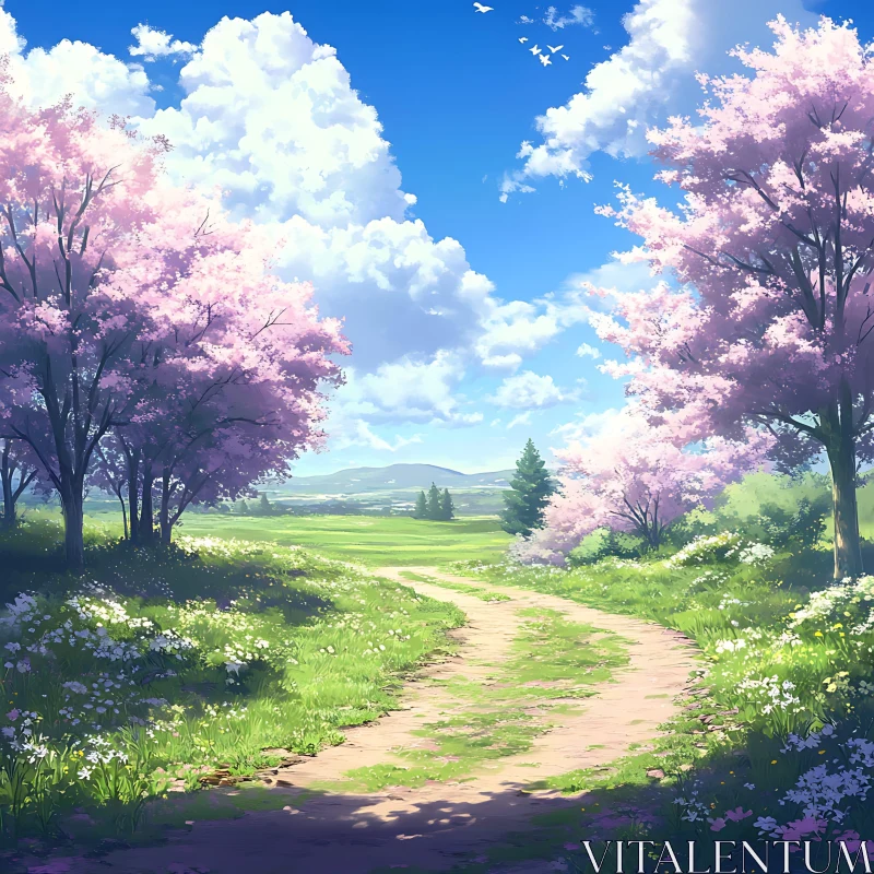 AI ART Blossom Trees and Countryside Road