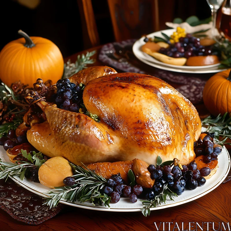 Roasted Turkey with Pumpkin Decoration AI Image