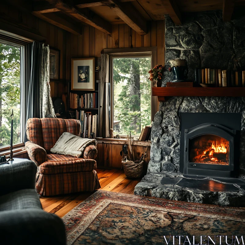 AI ART Rustic Room with Stone Fireplace