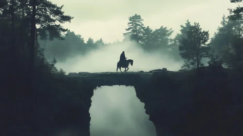 Silhouette on Horseback Crossing Stone Bridge