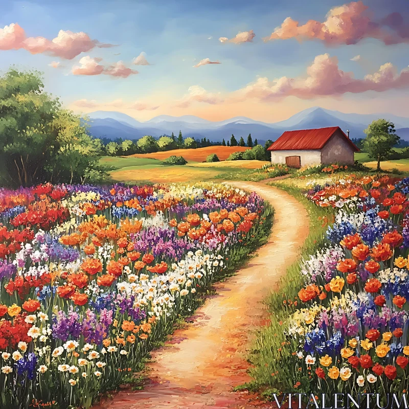 AI ART Path Through Flowers to Country House