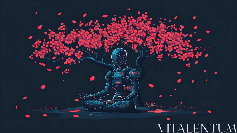 Robot Meditating Beneath Blossoms AI Image