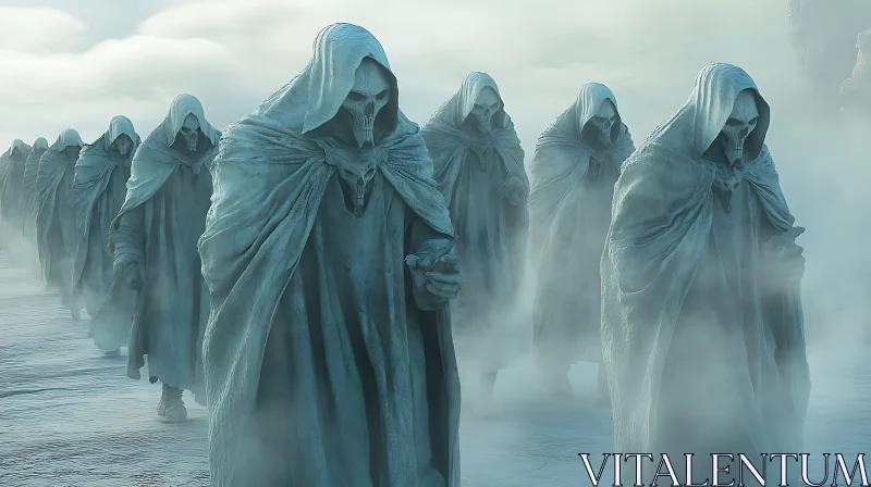 AI ART Hooded Figures in a Misty Landscape