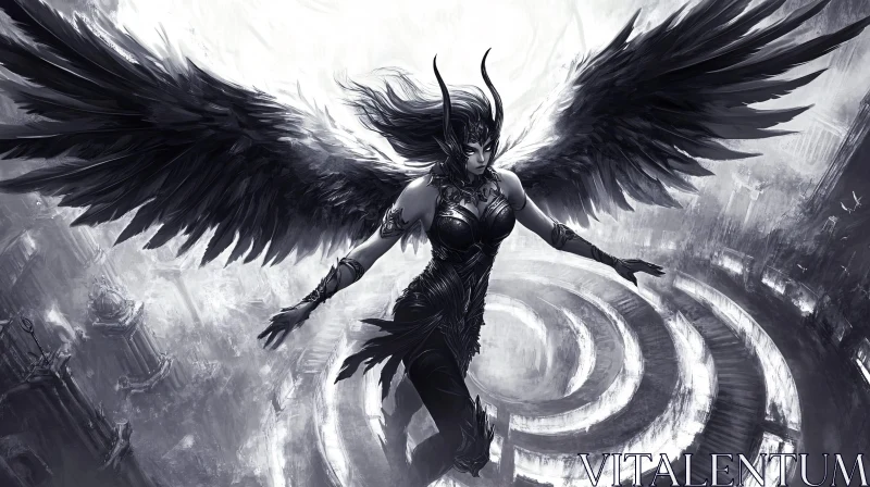 Winged Angel in Black and White AI Image