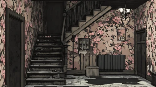 Desolate Interior with Floral Wallpaper and Staircase