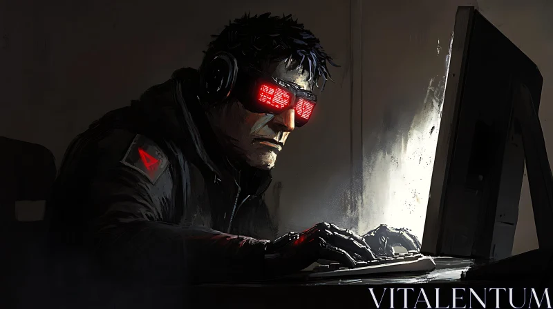 Futuristic Hacker with Red Glowing Glasses AI Image