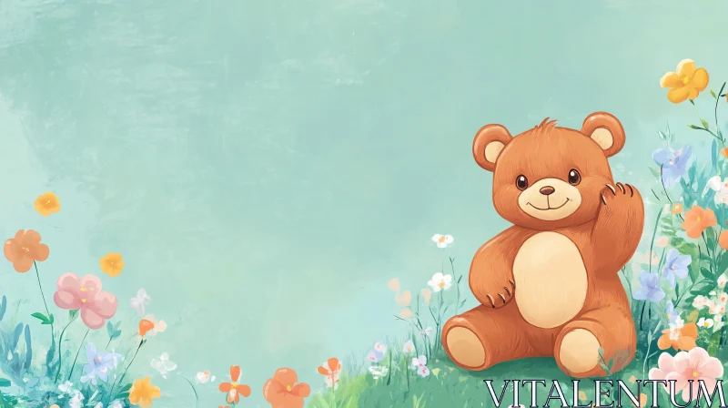 Watercolor Teddy Bear with Floral Accents AI Image