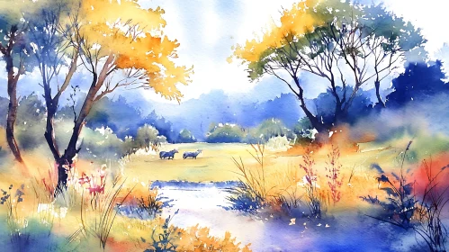 Peaceful Meadow Scene in Watercolor