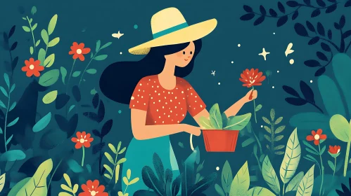 Illustration of Woman Gardening with Flowers