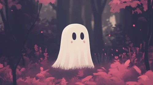 Whimsical Ghostly Illustration in Pink Forest